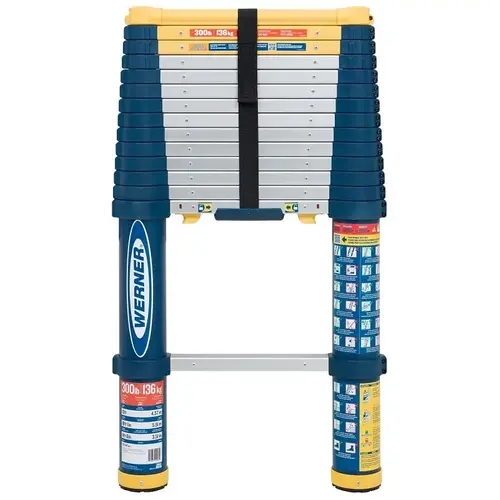 Werner Telescoping Ladder, 18.6 ft H Reach, 300 lb, Aluminum, Blue/Yellow Werner Telescoping Ladder, 18.6 ft H Reach, 300 lb, Aluminum, Blue/Yellow