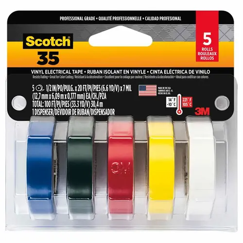 Scotch Professional Quality Electrical Tape, 5-Pack, 1 of Each Color: Blue, Green, Red, Yellow, White Multi Scotch Professional Quality Electrical Tape, 5-Pack, 1 of Each Color: Blue, Green, Red, Yellow, White Multi