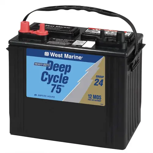 Group 24 Deep Cycle Marine Battery, 75 Amp Hours, 500 Cold Cranking Amps, 615 Marine Cranking Amps, 130 Reserve Minutes Group 24 Deep Cycle Marine Battery, 75 Amp Hours, 500 Cold Cranking Amps, 615 Marine Cranking Amps, 130 Reserve Minutes