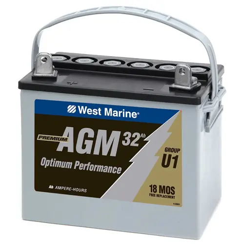Group U1 Dual Purpose Marine AGM Battery, 32 Amp Hours, 200 Cold Cranking Amps, 240 Marine Cranking Amps, 54 Reserve Minutes Group U1 Dual Purpose Marine AGM Battery, 32 Amp Hours, 200 Cold Cranking Amps, 240 Marine Cranking Amps, 54 Reserve Minutes