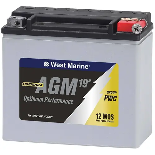 Personal Watercraft AGM Battery for Jet Skis, 19 Amp Hours, 325 Cold Cranking Amps, 385 Marine Cranking Amps, 34 Reserve Minutes Personal Watercraft AGM Battery for Jet Skis, 19 Amp Hours, 325 Cold Cranking Amps, 385 Marine Cranking Amps, 34 Reserve Minutes