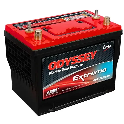Odyssey Extreme Group 24 Dual Purpose Marine AGM Battery with Thin Plate Pure Lead Technology, 76 Amp Hours, 840 Cold Cranking Amps, 1000 Marine Cranking Amps, 160 Reserve Minutes Odyssey Extreme Group 24 Dual Purpose Marine AGM Battery with Thin Plate Pure Lead Technology, 76 Amp Hours, 840 Cold Cranking Amps, 1000 Marine Cranking Amps, 160 Reserve Minutes