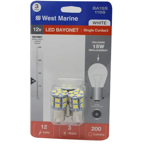 Single Contact Bayonet BA15S-1156 LED Bulbs, 200 Max Lumens, 3-Pack White Single Contact Bayonet BA15S-1156 LED Bulbs, 200 Max Lumens, 3-Pack White