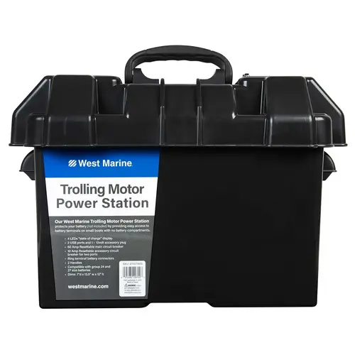 Trolling Motor Power Station Battery Box, Group 24 & 27 Battery Sizes, 2-Port USB, 12V Power Socket Trolling Motor Power Station Battery Box, Group 24 & 27 Battery Sizes, 2-Port USB, 12V Power Socket