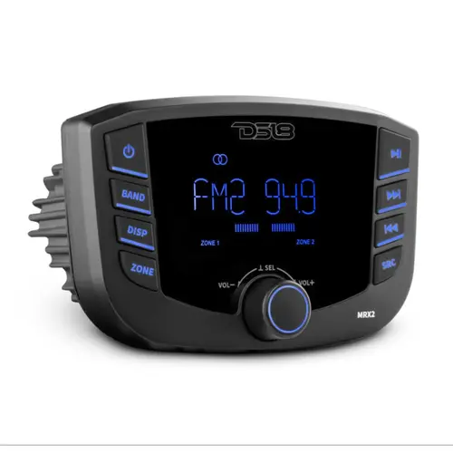 DS18 HYDRO MRX2 Marine Stereo, LCD screen , 2 Zones, 4 volts Output, RGB LED Lights, Bluetooth, RDS 4 x 40 Watts DS18 HYDRO MRX2 Marine Stereo, LCD screen , 2 Zones, 4 volts Output, RGB LED Lights, Bluetooth, RDS 4 x 40 Watts