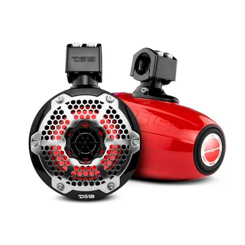HYDRO 6.5" Neodymium Marine Tower Speakers with Built-in Passive Radiator, 1" Driver and RGB LED Lights, 450 Watts, Red HYDRO 6.5" Neodymium Marine Tower Speakers with Built-in Passive Radiator, 1" Driver and RGB LED Lights, 450 Watts, Red