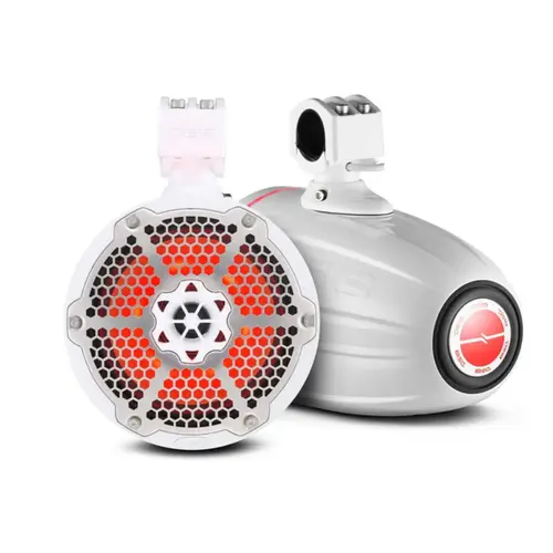 HYDRO 8" Neodymium Marine Tower Speakers with Built-in Passive Radiator, 1" Driver and RGB LED Lights, 550 Watts, White HYDRO 8" Neodymium Marine Tower Speakers with Built-in Passive Radiator, 1" Driver and RGB LED Lights, 550 Watts, White