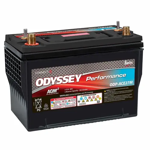 Odyssey Performance Group 27 Dual Purpose Marine AGM Battery with Bluetooth CONNECT Monitoring System, 850 Cold Cranking Amps, 182 Reserve Minutes Odyssey Performance Group 27 Dual Purpose Marine AGM Battery with Bluetooth CONNECT Monitoring System, 850 Cold Cranking Amps, 182 Reserve Minutes