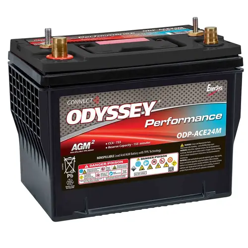Odyssey Performance Group 24 Dual Purpose Marine AGM Battery with Bluetooth CONNECT Monitoring System, 755 Cold Cranking Amps, 155 Reserve Minutes Odyssey Performance Group 24 Dual Purpose Marine AGM Battery with Bluetooth CONNECT Monitoring System, 755 Cold Cranking Amps, 155 Reserve Minutes