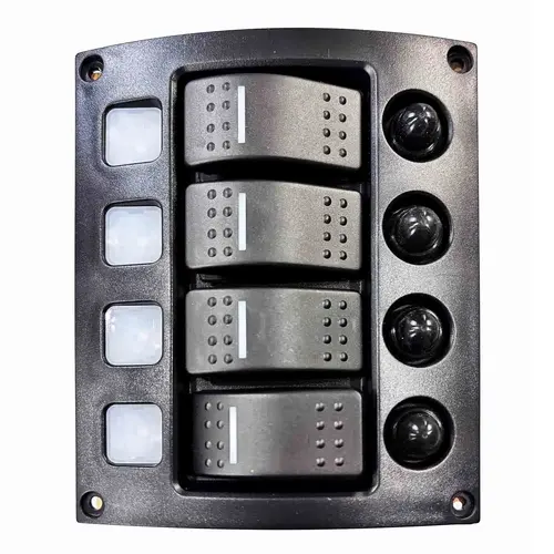 4 Position Curved Water-Resistant LED Switch Panel with Circuit Breakers 4 Position Curved Water-Resistant LED Switch Panel with Circuit Breakers
