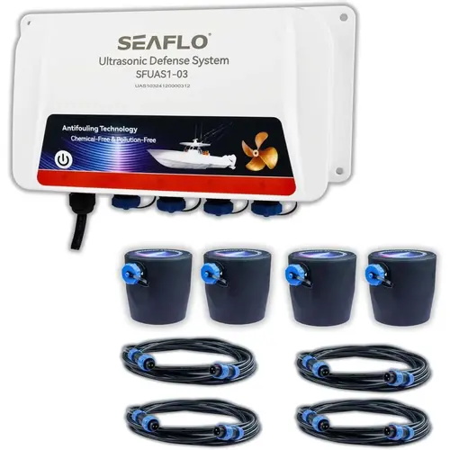 SEAFLO Ultrasonic Hull Defense System, Protection for Hull, Drives & Running Gear, Covers 800 Sq. Ft, 4-Transducer System SEAFLO Ultrasonic Hull Defense System, Protection for Hull, Drives & Running Gear, Covers 800 Sq. Ft, 4-Transducer System