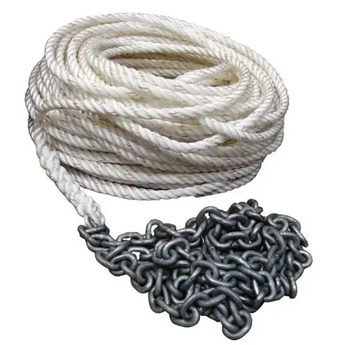 Three-Strand Nylon Rope/High-Test Chain Rope: 1/2" x 300 ft Chain: 1/4" x 20 ft Three-Strand Nylon Rope/High-Test Chain Rope: 1/2" x 300 ft Chain: 1/4" x 20 ft
