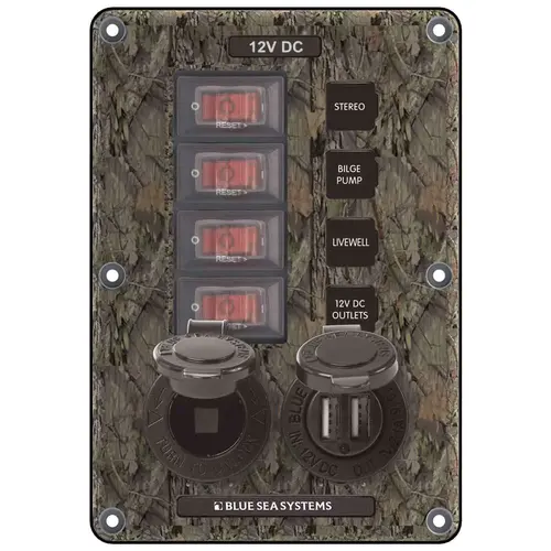 Water-Resistant Circuit Breaker Switch Panel, 4 pos. + 12 Volt Socket & Dual USB Charger Water-Resistant Circuit Breaker Switch Panel, 4 pos. + 12 Volt Socket & Dual USB Charger