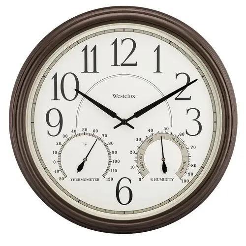 Westclox Clock, 20 in Dia, Round, Bronze Frame, Plastic Clock Face, Analog, Glass Lens Westclox Clock, 20 in Dia, Round, Bronze Frame, Plastic Clock Face, Analog, Glass Lens