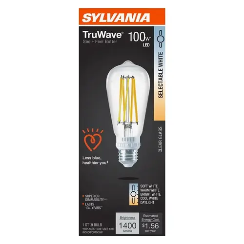 Sylvania TruWave LED Bulb, 5CCT Selectable, ST19 Lamp, 100 W Equivalent, E26 Medium Lamp Base, Dimmable, Clear Sylvania TruWave LED Bulb, 5CCT Selectable, ST19 Lamp, 100 W Equivalent, E26 Medium Lamp Base, Dimmable, Clear