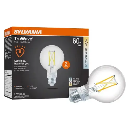 Sylvania TruWave LED Bulb, 5CCT Selectable, G25 Lamp, 60 W Equivalent, E26 Medium Lamp Base, Dimmable, Clear Sylvania TruWave LED Bulb, 5CCT Selectable, G25 Lamp, 60 W Equivalent, E26 Medium Lamp Base, Dimmable, Clear