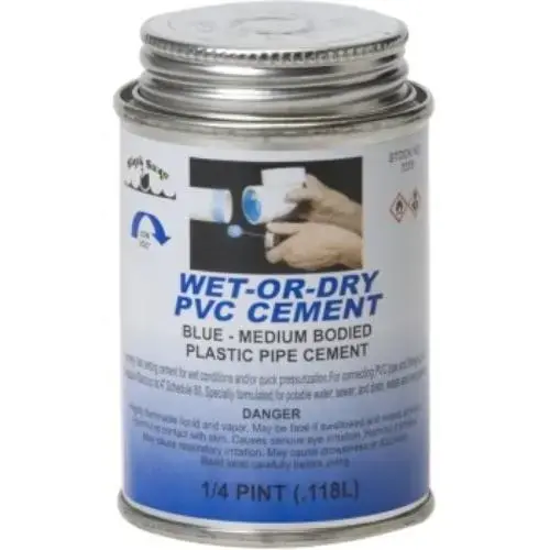 Wet-or-Dry PVC Cement Medium Bodied 1/2 Pint - Blue Wet-or-Dry PVC Cement Medium Bodied 1/2 Pint - Blue