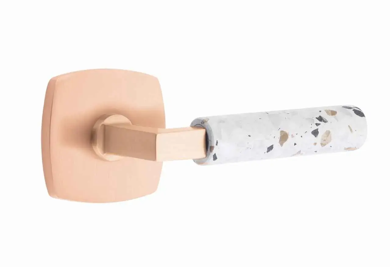 Emtek R-Bar Stem Terrazzo Marble Lever Left Hand 2-3/8 Backset Privacy with Square Rose for 1-1/4 to 2 Door Satin Rose Gold F 5210SRG. RASRG. TZLT. LH Emtek R-Bar Stem Terrazzo Marble Lever Left Hand 2-3/8 Backset Privacy with Square Rose for 1-1/4 to 2 Door Satin Rose Gold F 5210SRG. RASRG. TZLT. LH