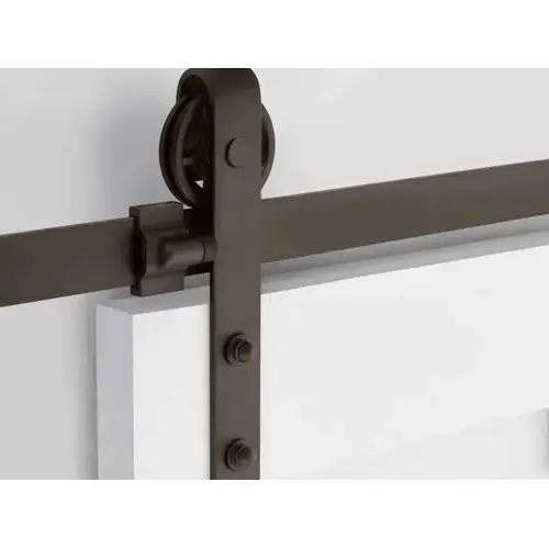 Modern Rectangular Top Mount Spoked Wheel Hanger with 5' Track Barn Door Hardware with Classic Fastener Style Flat Black Finish Modern Rectangular Top Mount Spoked Wheel Hanger with 5' Track Barn Door Hardware with Classic Fastener Style Flat Black Finish