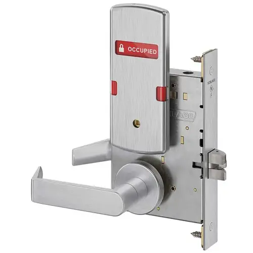 Bed / Bath Privacy Mortise Lock with 02 Lever and A Rose with Outside Occupied Vacant Indicator Satin Chrome Finish Bed / Bath Privacy Mortise Lock with 02 Lever and A Rose with Outside Occupied Vacant Indicator Satin Chrome Finish