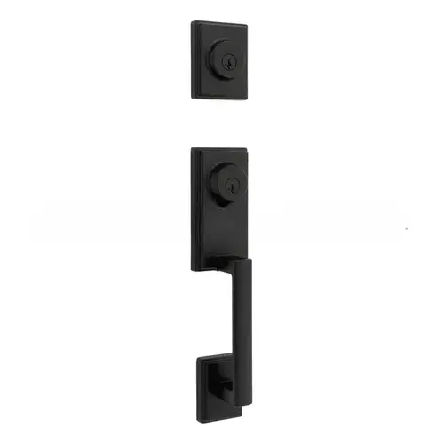 Peralta Single Cylinder 2 Point Handleset with Halifax Lever and Square Rose Interior Trim SmartKey with 4AL Latch and RCS Strike Matte Black Finish Peralta Single Cylinder 2 Point Handleset with Halifax Lever and Square Rose Interior Trim SmartKey with 4AL Latch and RCS Strike Matte Black Finish