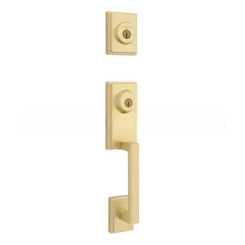 Peralta Single Cylinder 2 Point Handleset with Halifax Lever and Square Rose Interior Trim SmartKey with 4AL Latch and RCS Strike Satin Brass Finish Peralta Single Cylinder 2 Point Handleset with Halifax Lever and Square Rose Interior Trim SmartKey with 4AL Latch and RCS Strike Satin Brass Finish