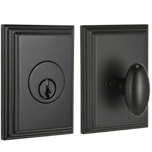 Woodward Single Cylinder Deadbolt with Adjustable Latch and Deadbolt Strike Matte Black Finish Woodward Single Cylinder Deadbolt with Adjustable Latch and Deadbolt Strike Matte Black Finish