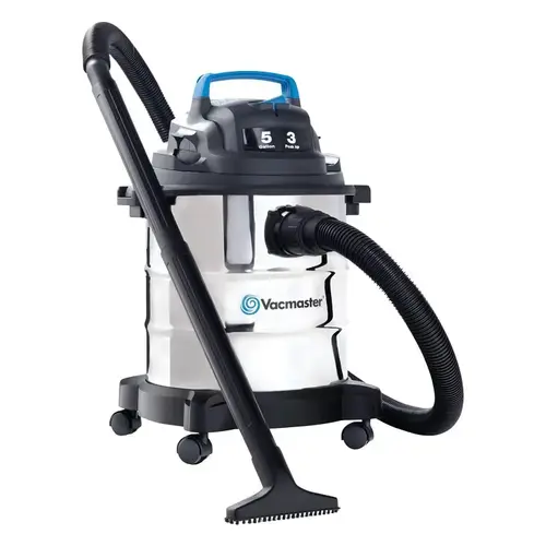 Vacmaster Wet/Dry Vacuum, 5 gal Vacuum, 65 cfm Air, Cloth, Foam Filter, 3 hp, 120 V, Silver Vacmaster Wet/Dry Vacuum, 5 gal Vacuum, 65 cfm Air, Cloth, Foam Filter, 3 hp, 120 V, Silver