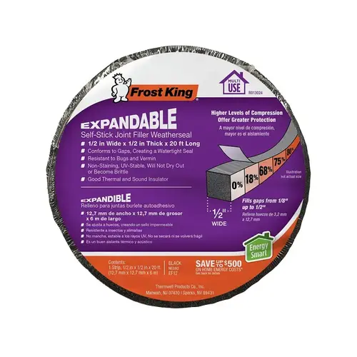 Frost King Expandable Foam Weather Seal, 1/2 in W, 20 ft L, 1/2 in Thick, Black Frost King Expandable Foam Weather Seal, 1/2 in W, 20 ft L, 1/2 in Thick, Black