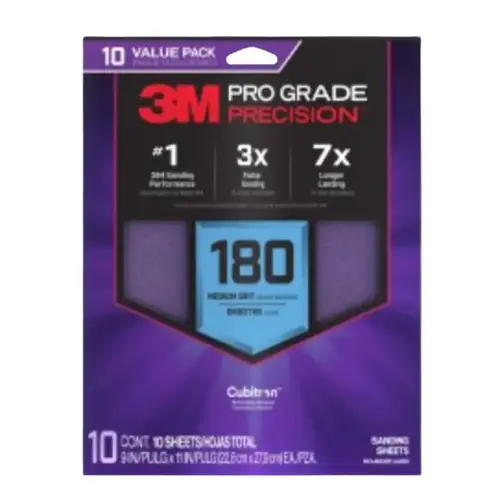Pro Grade Precision Faster Sanding Sheet, 11 in L, 9 in W, Medium, 180 Grit - pack of 10 Pro Grade Precision Faster Sanding Sheet, 11 in L, 9 in W, Medium, 180 Grit - pack of 10