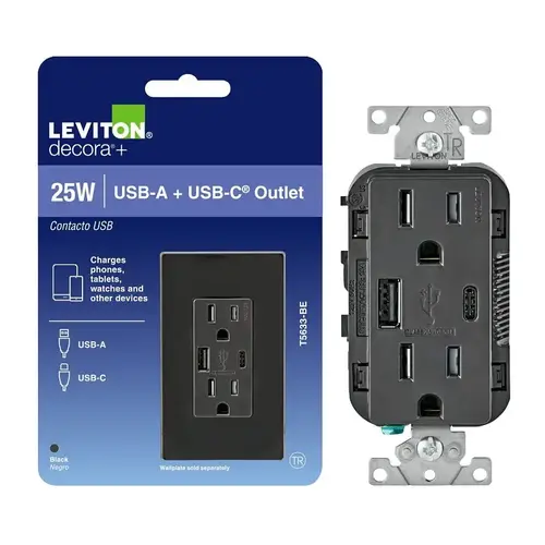 Leviton Outlet with USB Port, 15 A, 125 V, 2-USB Port, Type A, C USB, NEMA: NEMA 5, Black Leviton Outlet with USB Port, 15 A, 125 V, 2-USB Port, Type A, C USB, NEMA: NEMA 5, Black