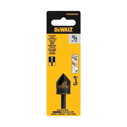 DEWALT BLACK & GOLD Series Countersink Drill Bit, 3/4 in Dia, 5-Flute, 1/4 in Dia Shank, Round Shank DEWALT BLACK & GOLD Series Countersink Drill Bit, 3/4 in Dia, 5-Flute, 1/4 in Dia Shank, Round Shank
