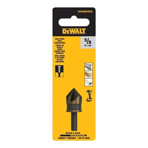 DEWALT BLACK & GOLD Series Countersink Drill Bit, 5/8 in Dia, 5-Flute, 1/4 in Dia Shank, Round Shank DEWALT BLACK & GOLD Series Countersink Drill Bit, 5/8 in Dia, 5-Flute, 1/4 in Dia Shank, Round Shank