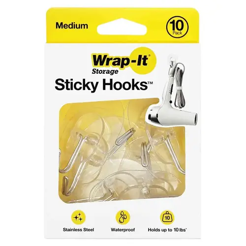 Sticky Hooks - Medium, 10 Pack Clear/Silver Sticky Hooks - Medium, 10 Pack Clear/Silver
