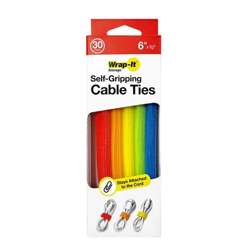 6" x 0.5" Self-Gripping Cable Ties, 30 Pack Multi-Color (Assorted) 6" x 0.5" Self-Gripping Cable Ties, 30 Pack Multi-Color (Assorted)