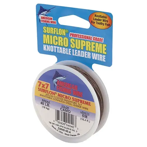Surflon Micro Supreme Knottable Nylon Coated Stainless Leader, 16 ft, Camo Brown, 40 lbs. Surflon Micro Supreme Knottable Nylon Coated Stainless Leader, 16 ft, Camo Brown, 40 lbs.