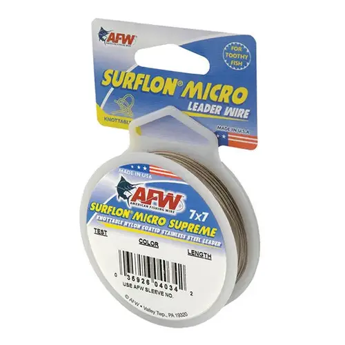 Surflon Micro Supreme Knottable Nylon Coated Stainless Leader, 16 ft, Camo Brown, 20 lbs. Surflon Micro Supreme Knottable Nylon Coated Stainless Leader, 16 ft, Camo Brown, 20 lbs.