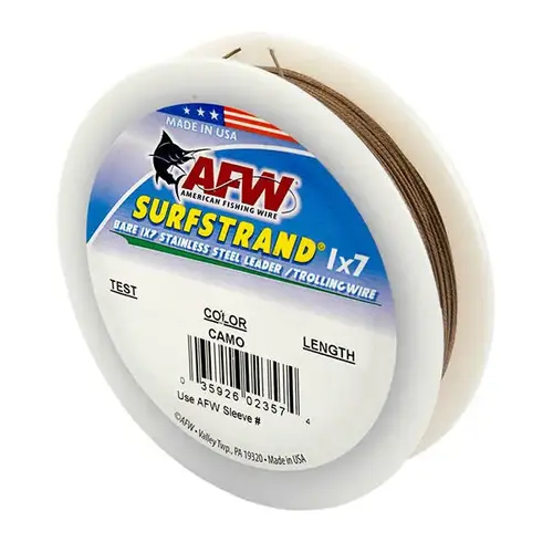 Surfstrand Bare 1x7 Stainless Steel Wire Leader, 300 ft, Camo, 40 lbs. Surfstrand Bare 1x7 Stainless Steel Wire Leader, 300 ft, Camo, 40 lbs.