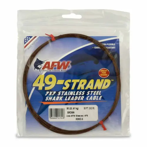 49 Strand, 7x7 Stainless Steel Shark Leader Cable, 90 lb / 41 kg test, .031 in / 0.79 mm dia, Camo, 30 ft / 9.2 m 49 Strand, 7x7 Stainless Steel Shark Leader Cable, 90 lb / 41 kg test, .031 in / 0.79 mm dia, Camo, 30 ft / 9.2 m