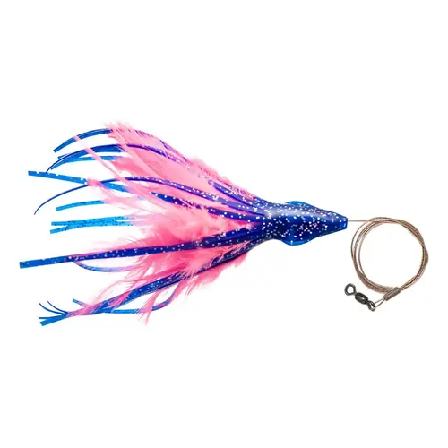 4 1/2" No Alibi, Dolphin Delight Rigged & Ready, Blue/Pink Skirt, 1/4 oz, Lead Head, 7/0 Mustad Hook, AFW Swivel, 135 lb AFW Cable, 3 ft 4 1/2" No Alibi, Dolphin Delight Rigged & Ready, Blue/Pink Skirt, 1/4 oz, Lead Head, 7/0 Mustad Hook, AFW Swivel, 135 lb AFW Cable, 3 ft