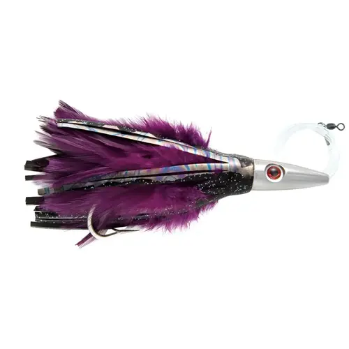 Billy Baits, Ahi Slayer Rigged & Ready, Black/Purple Feather Skirt, 7/0 Mustad Hook, AFW Swivel, 100 lb Grand Slam Mono Line, 6 ft Billy Baits, Ahi Slayer Rigged & Ready, Black/Purple Feather Skirt, 7/0 Mustad Hook, AFW Swivel, 100 lb Grand Slam Mono Line, 6 ft