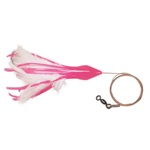 4 1/2" No Alibi, Dolphin Delight Rigged & Ready, Pink/White Skirt, 1/4 oz, Lead Head, 7/0 Mustad Hook, AFW Swivel, 135 lb AFW Cable, 3 ft 4 1/2" No Alibi, Dolphin Delight Rigged & Ready, Pink/White Skirt, 1/4 oz, Lead Head, 7/0 Mustad Hook, AFW Swivel, 135 lb AFW Cable, 3 ft