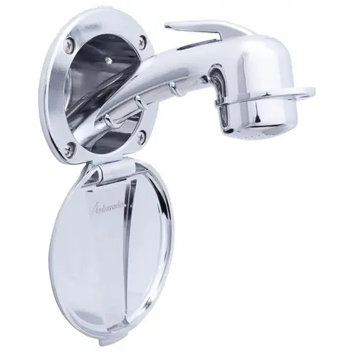 Recessed Shower Chrome Cup & Lid, Small Chrome Sprayer, 6 ft White Rubber Hose Recessed Shower Chrome Cup & Lid, Small Chrome Sprayer, 6 ft White Rubber Hose
