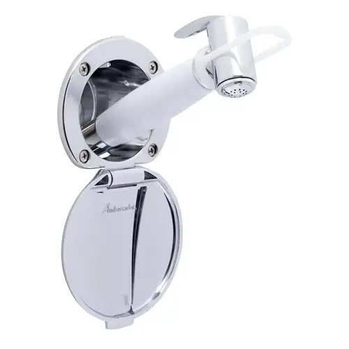 Recessed Shower Chrome Cup & Lid, Hammer-Head Arctic White Sprayer, 10 ft White Rubber Hose Recessed Shower Chrome Cup & Lid, Hammer-Head Arctic White Sprayer, 10 ft White Rubber Hose