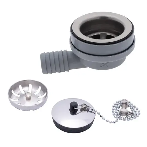 2" Drain, 95 Degree Drain, Low Profile w/Strainer, 1" Hose Barb, w/Chain Stopper Brushed Finish 2" Drain, 95 Degree Drain, Low Profile w/Strainer, 1" Hose Barb, w/Chain Stopper Brushed Finish