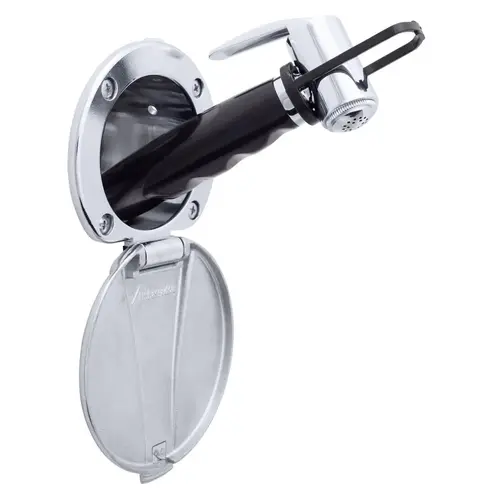 Recessed Shower Chrome Cup with Stainless Steel Lid, Hammer-Head Black Sprayer, 6 ft Black Rubber Hose Recessed Shower Chrome Cup with Stainless Steel Lid, Hammer-Head Black Sprayer, 6 ft Black Rubber Hose