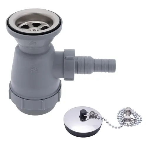2" Drain, Trap Sink Drain, 3/4" & 1" Hose Barb, w/Chain Stopper Brushed Finish 2" Drain, Trap Sink Drain, 3/4" & 1" Hose Barb, w/Chain Stopper Brushed Finish
