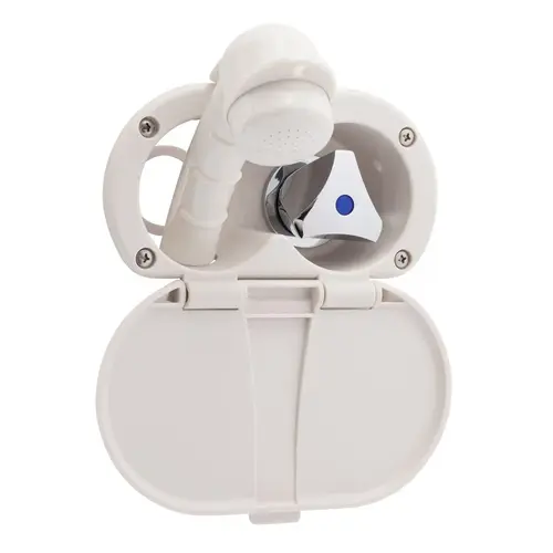 Trinidad Transom Shower Cold Only, Warm White Cup & Lid, Small Warm White Sprayer, 6 ft White Rubber Hose, Chrome Trinidad Handle Trinidad Transom Shower Cold Only, Warm White Cup & Lid, Small Warm White Sprayer, 6 ft White Rubber Hose, Chrome Trinidad Handle