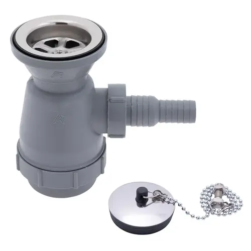 2" Drain, Trap Sink Drain, 3/4" & 1" Hose Barb, w/Chain Stopper Ultra-Mirror Finish 2" Drain, Trap Sink Drain, 3/4" & 1" Hose Barb, w/Chain Stopper Ultra-Mirror Finish