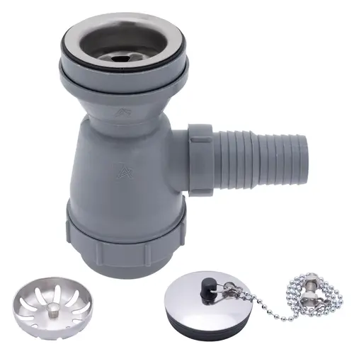2" Drain, Trap Sink Drain, 1-1/4" & 1-1/2" Hose Barb, w/Strainer, w/Chain Stopper Brushed Finish 2" Drain, Trap Sink Drain, 1-1/4" & 1-1/2" Hose Barb, w/Strainer, w/Chain Stopper Brushed Finish
